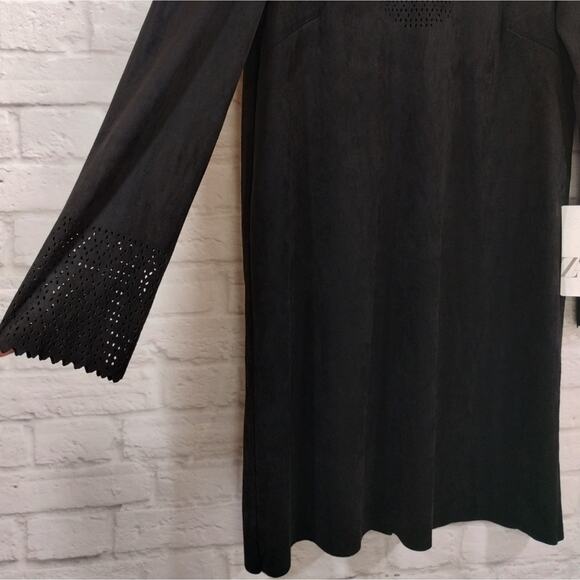 O Zara Womens Black Faux Suede Laser Cute Long Sleeve Mini Dress NWT Size S - Picture 9 of 13